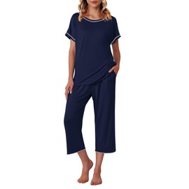 Ekouaer 2 Pack: Womens Pajamas Short Sleeve Sleepwear Tops and Capri Pants Pjs Print Pajama Sets Black Flowers, Navy Blue M