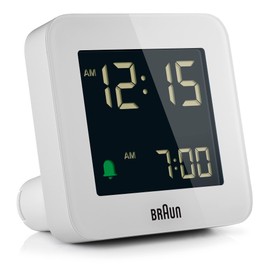 Braun digital alarm clock with snooze, negative LCD display, quick set, crescendo beep alarm in white, model BC09W