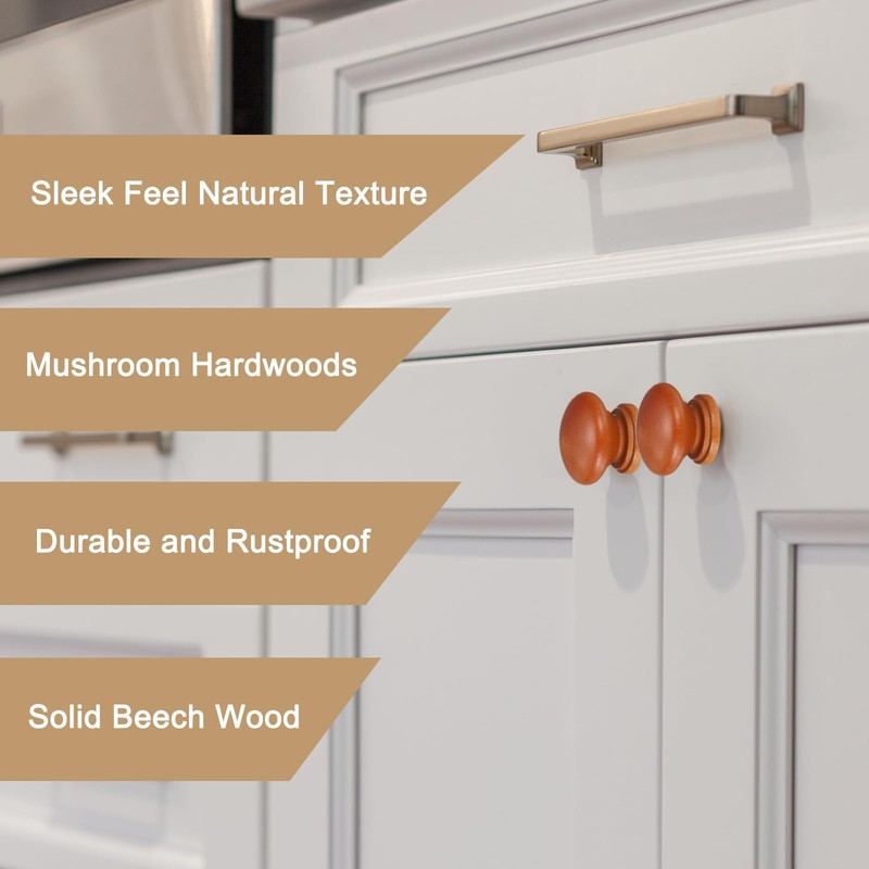 uxcell 8pcs Round Wooden Knobs, 34mm/1.3" Mushroom Shape Kitchen Cabinet