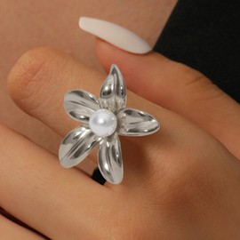 Gold Chunky Rings with Flower Design Stackable SilverTone Pearl Accent Statement Jewelry for Everyday Wear & Gifting