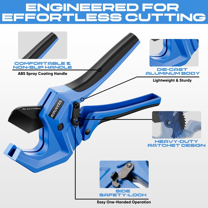 EZUVITA Ratchet PVC Pipe Cutter, Cuts Up to 3" OD