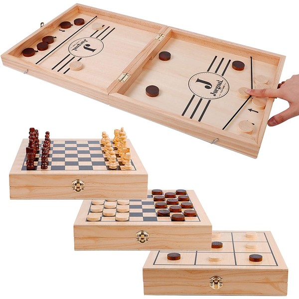 Juegoal 4-in-1 Wooden Fast Sling Puck Set for Kids and Adults, Chess, Checkers, Tic Tac Toe Games, Travel Portable Folding Tabletop Chess Board Game Sets, Interactive Families Toys