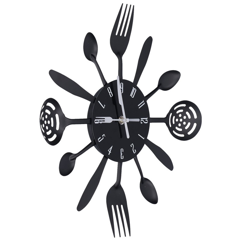 Black Kitchen Wall Clock Removable Modern Cutlery Kitchen Spoon Fork