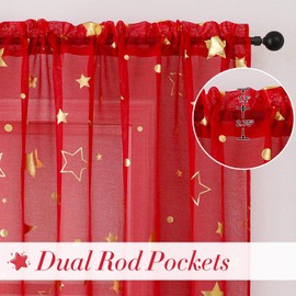 WUBODTI Cortinas semi transparentes con patrón de estrella roja, cortinas filtrantes de luz con bolsillo para barra para sala de estar, verde azulado con estrellas doradas, 52 pulgadas de ancho x 72