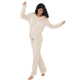 Joyaria Womens Cooling Pajamas for Night Sweats Bamboo Viscose Pjs Moisture Wicking Lounge Set(Cream, XXL)