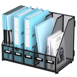 SUPEASY Desk Organizers Metal Desk Magazine File Holder with 5 Vertical Compartments Rack File Organizer for Office Desktop, Home Workspace, Black Plus