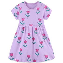 Toddler Girls Dress Clothes Spring Summer Short Sleeve Cotton Casual Sundress Clothing Outfits Purple Flower 3t