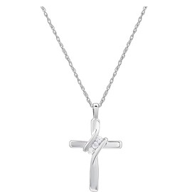 GILDED Small Sterling Silver Natural Round-Cut Diamond Accent 3 Stone Cross Pendant with an 18 Inch Chain