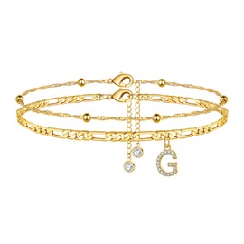 Ursteel Ankle Bracelets for Women, G Initial Anklet 14K Gold Plated Dainty Adjustable Layered Chain with CZ Letter G Initial Anklets Set Summer Jewelry Gifts Anklets for Women