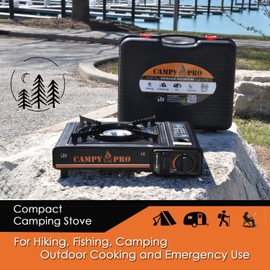 Campy Pro Portable Butane Gas Stove with Automatic Ignition and Carrying Case – Compact Camping Stove for Hiking, Outdoor Cooking, and Emergency Use (MAT BLACK)