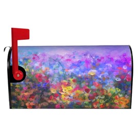 Oplp Colorful Oil Painting Purple Flower Daisy Waterproof Mail Cover Magnetic Mailbox Wraps Spring Summer Season Post Letter Box Cover for Garden Home Decor 21x18 in