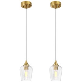 VONLUCE Pendant Lights Kitchen Island, Brushed Gold Pendant Light Fixtures with E26 Base & Adjustable Cable, Modern Pendant Lighting with Glass Shade for Living Room Bedroom Hallway, 2 Packs