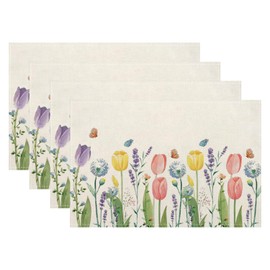 Spring Placemats Set of 4, Tulip Lavender Flower Decorative Table Mat 12 x 18 Inch Heat Resistant Non Slip Line Fabric Floral Place mat for Holiday Party Kitchen Dining Decor