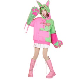 Micotaku Womens Pullover Hoodie with Detachable Bag Furry Paw Design Gloves Green Pink Hoodie (pink and green, SM)