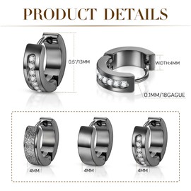 QEIFC 3Pairs Small Black Hoop Earrings for Men, Hypoallergenic Stainless Steel Huggie Earrings for women, Sleeper Round Earrings Cubic Zirconia Inlaid Sensitive Ear Piercings Jewelry Set 18G 9mm