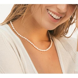 Aleasha Pearl Necklace Women's Boho Green Aventurine Blue Turquoise Stones Chain Freshwater Pearls Beach Necklace Stainless Steel Handmade Jewellery 40 + 5 cm, Size: