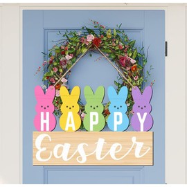 Happy Easter Wooden Sign Happy Easter Wooden Hanging Sign for Front Door Colorful Bunny Sign Welcome Easter Door Sign Rustic Farmhouse Easter Decor for Easter Spring Party Indoor Outdoor Home