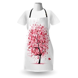 Lunarable Tree of Life Apron, Ornate Valentine Tree with Swirled Hearts and Doodles in Love Future Couple, Unisex Kitchen Bib with Adjustable Neck for Cooking Gardening, Adult Size, White Pink