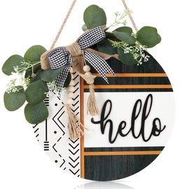 CHDITB Boho 3D Hello Front Door Wreath Sign(11.42"x11.42"), Farmhouse Front Door Porch Decor with Eucalyptus Leaves Plaid Bow Bead, Rustic Hello Fall Door Hanger Decoration Hanging for Office Home