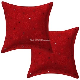 DK Homewares Ethnic Sofa Decorative Cushion Covers 40 x 40 cm Red Cotton Embroidered Cushion Covers Decorative Bedroom Mirrored Square Boho Pillowcases - Set of 2 (Cover Only)