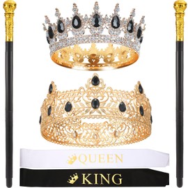 Jexine 6 Pcs King and Queen Crowns Set Crowns for Men Women Gold Walking Cane Prom Sashes Christmas Costume for Wedding (Noble Color)