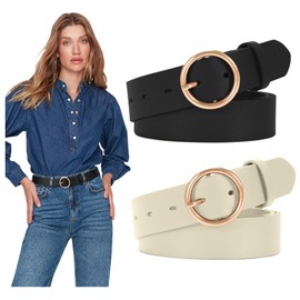 JASGOOD 2 Pack Women Leather Belt for Jeans Dress PU Leather Ladies Belt with Gold O Ring Buckle (B-Black+Beige, Suit for waist size 35"-39")