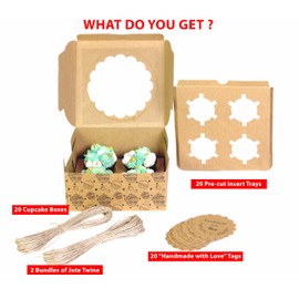 mudrit Cupcake Boxes with Insert (Pack of 20), Brown Cupcake Carrier, Food Grade Kraft Bakery Boxes with Windows and Inserts to Fit 4 Cupcakes Muffins or Pastries