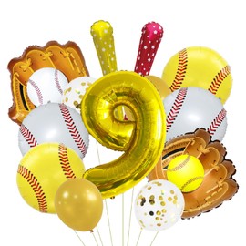 13PCS Baseball Balloons 9 Birthday Decorations for Boys, Baseball Party Decor, Foil Number 9 Balloons Kits,Baseball Sports Theme 9th Year Old Boy Bday Party Decor Supplies,Gold 9th Sports Kits