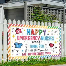 Printspree Banner 70.8x43.3 Inch - Happy Emergency Nurses Week Thank You Banner, Vibrant Rainbow Design with Medical Icons, Polyester Decorative Sign for Hospital Appreciation