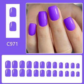 24 Pcs Purple Short Square Press on Nails Full Cover Glossy Acrylic False Nails with Design for Women Manicure Art