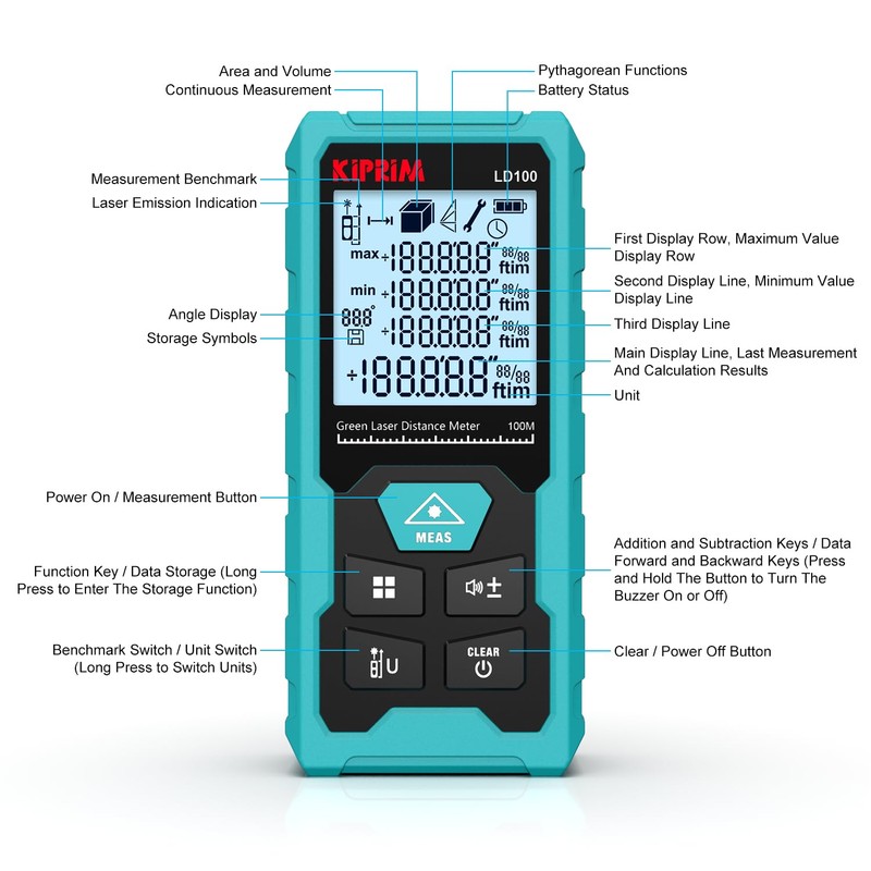 Kiprim Green Laser Distance Meter, 328ft Measuring Tool with USB
