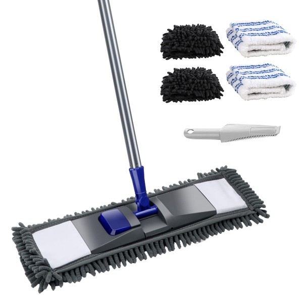 Masthome Flat Floor Mop, Mop with Wring Function, Flat Mop and 6 Microfibre Pads, Upright Function 130 cm Microfibre Mop for Hardwood Laminate Tiles Floor Cleaning