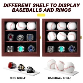 Baseball Display Case Championship Ring Display Case, Wooden Wall Cabinet with Lock for Collection Autographed Baseball Championship Ring (L-Reddish brown)