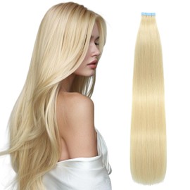 Lveyan Tape In Hair Extensions Invisible PU Seamless Skin Weft 20 Inch 50g/pack 20pcs Bleach Blonde Tape in Real Human Hair Silky Straight Hair Extensions (#613, 20 Inch)