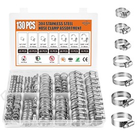 Hose Clamp Assortment Kit 130 PCS, 304 Stainless Steel Hose Clamps 1/4''–1-1/2'' Worm Gear Clamps Pipe Clamp for Auto, Radiator, Fuel Line, Duct,Tube