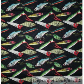 Signature BonEful Fabric FQ Cotton Quilt Black Green Gold Fish Fly Trout Bass Lake Water S