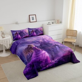Feelyou Kids Girls Comforter Set Full Size Purple Castle Fairy Tale Theme Bedding Set for Girls Butterfly Princess Comforter Flowers Garden Bed Set