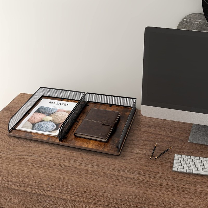 Set of 2 Vintage Wood & Metal Letter Tray，Desk Organizers
