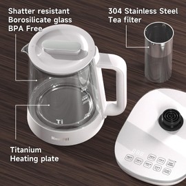 ICOOKPOT Titanium & Stainless Steel Electric Kettle with Tea Infuser and Temperature Control,1.5L Glass Tea Maker,1500W Rapid Boiling,Programmable Control for your Favorite Teas and Coffee-Grey