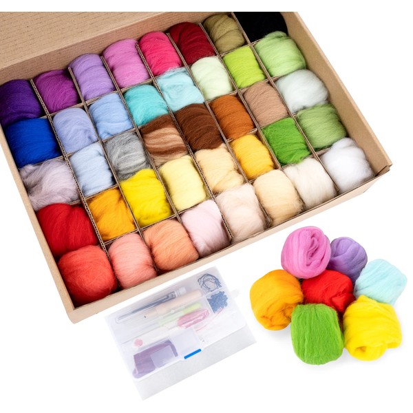 Homewit Needle Felting Set, 40 Colours, 5 g Each Felt Wool for Knitting with Tool Set, Felting Wool Craft Needle Felting Starter Kit, Wool Roving Sheep's Wool, DIY Felting Needles, DIY Starter Kits