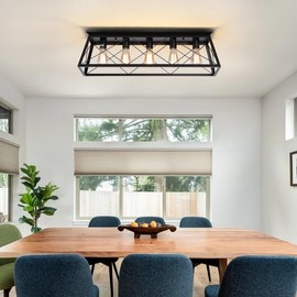 Qcazegy 31.5" Black Flush Mount Ceiling Light Fixture, 5-Light Vintage Industrial Cage Chandelier for Dining Room, Kitchen Island, Living Room, Dimmable Large Semi Flush Mount Close to Ceiling Light