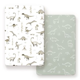 Stretch Ultra Soft Jersey Knit Fitted Pack n Play Sheets Set 2 Pack, Universal Fitted Portable/Mini Crib Sheets for Boys and Girls, Dinosaur World