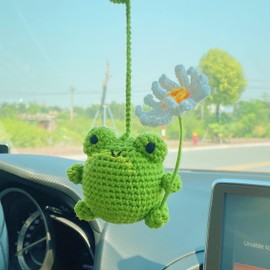 MADE BY BUNNY Crochet Frog with Daisy Ornament, Car Rear View Window, Handmade Hanging Car Charm, Automotive Interior Decorations (Frog and Daisy Ornament)