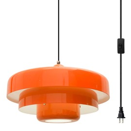 Qepeety Mid Century Modern Plug in Pendant Light Retro Hanging Light with Plug in Cord Orange Pendant Lighting Fixtures 3-Layer Metal Shade Ceiling Hanging Lamp for Bedroom Kithen Living Room