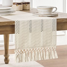 ZeeMart Macrame Style Boho Table Runner, Ivory Table Runners 108 Inches Long, Farmhouse Woven Home Decor, 12x108 Inch, Ivory