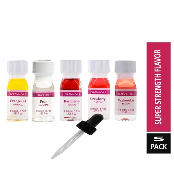 Lorann Oils Super Strength (Orange Oil, Pear, Raspberry, Strawberry and Watermelon) Variety Pack of 5 with free 1 Ounce Dropper.