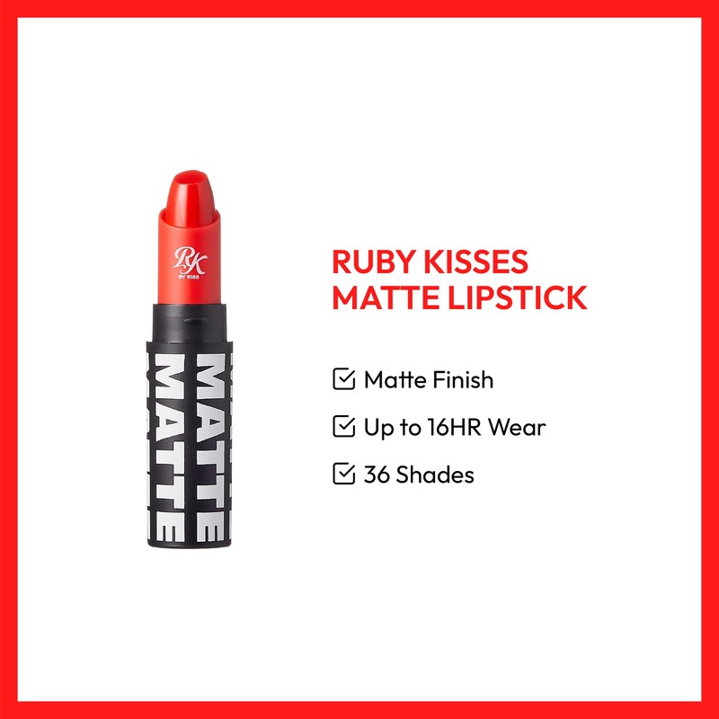 Ruby Kisses Lipstick, Matte Finish, Long-Lasting, Highly Pigmented, Smooth Apply,