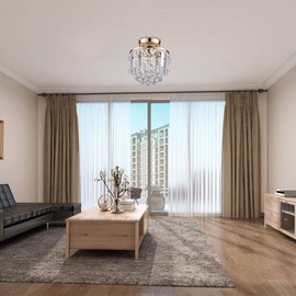 MonDaufie Gold Crystal Chandelier Semi Flush Mount Ceiling Light,D10”Ceiling Light Fixture for Hallway Entryway Living Room Bedroom, French Gold