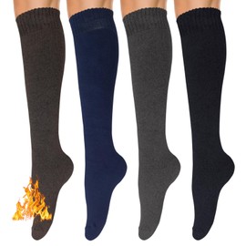 YEJIMONG Warm Thick Knee High Socks for Women, 4 Pairs Cotton Cushioned Long Socks for Running Hiking Skiing Gifts (Mix-1(Black/Navy/Charcoal/Brown))