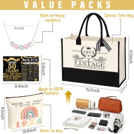 50th Birthday Gifts for Her Tote Bag Birthday Gifts for Women Turning 50 Vintage 1974 50 Years Old Gifts for Mom Wife Sister 1974 Canvas Tote Bag Makeup Bag Pearl Necklace 1974 Poster Gifts for Her